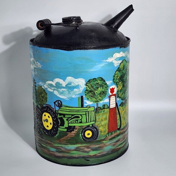 Unknown Other - Hand Painted Vintage Metal Oil Can Farm Scene John Deere Tractor Route 66 Art